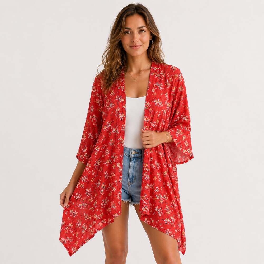 Treasure & Bond Womens One Size Red Floral Kimono Duster Open Front Cover Up NWT